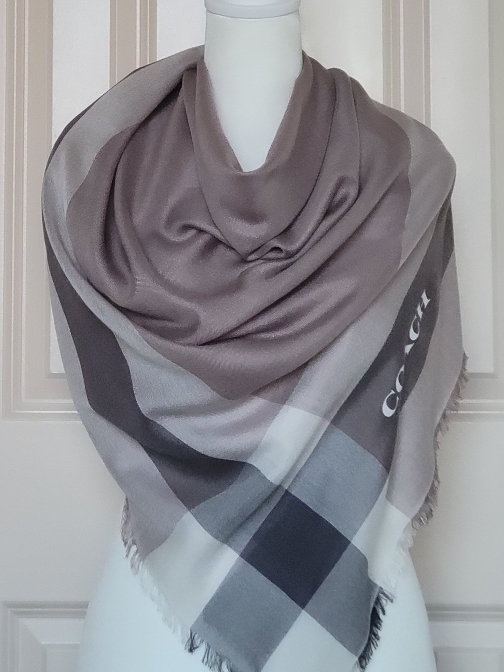 Coach Gray & Taupe Plaid Silk-Blend Square Scarf